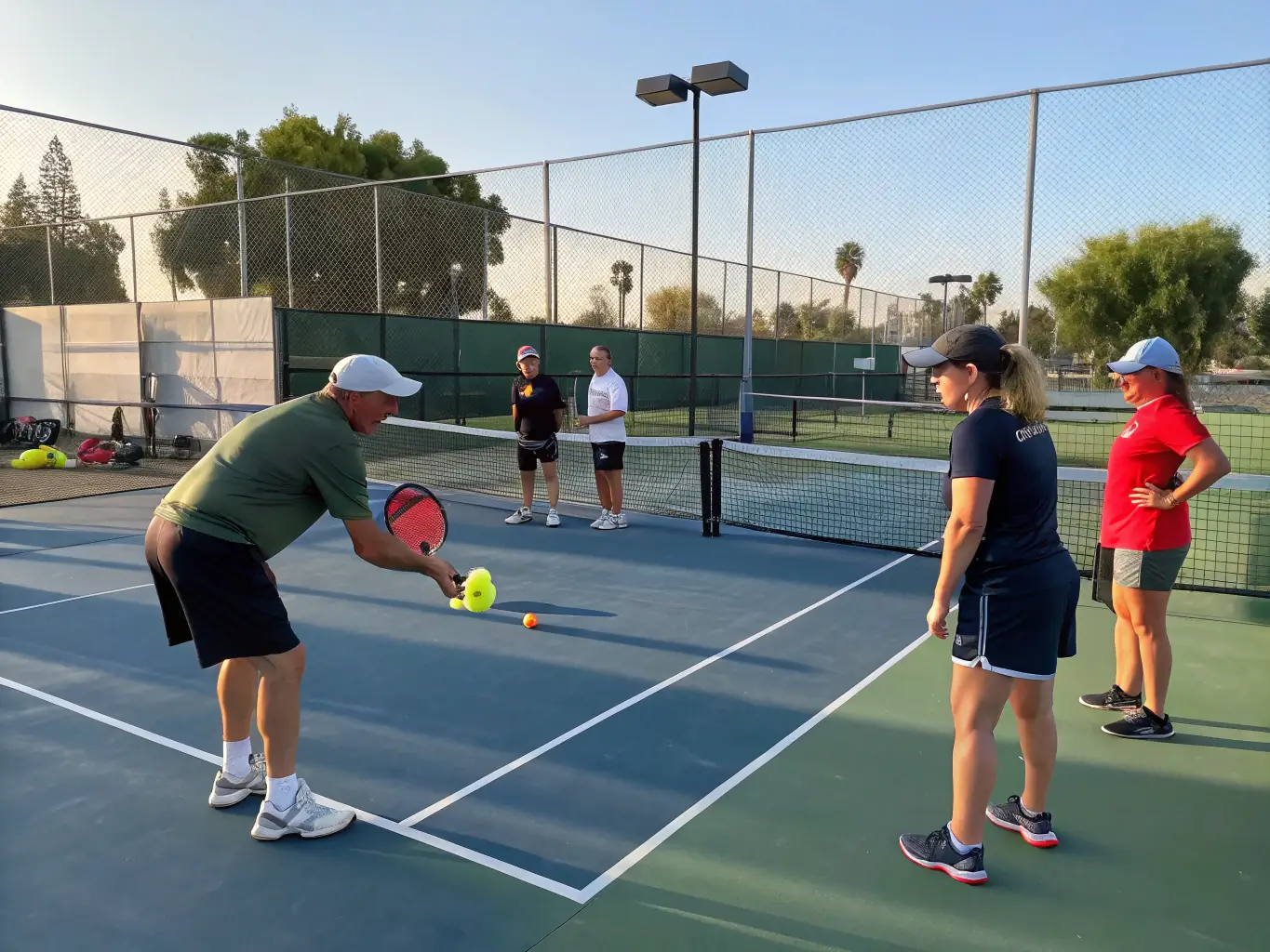 A dynamic image of a group pickleball lesson in progress, with players of varying skill levels receiving instruction from a coach. The scene is set on a well-maintained pickleball court, with clear markings and professional equipment.