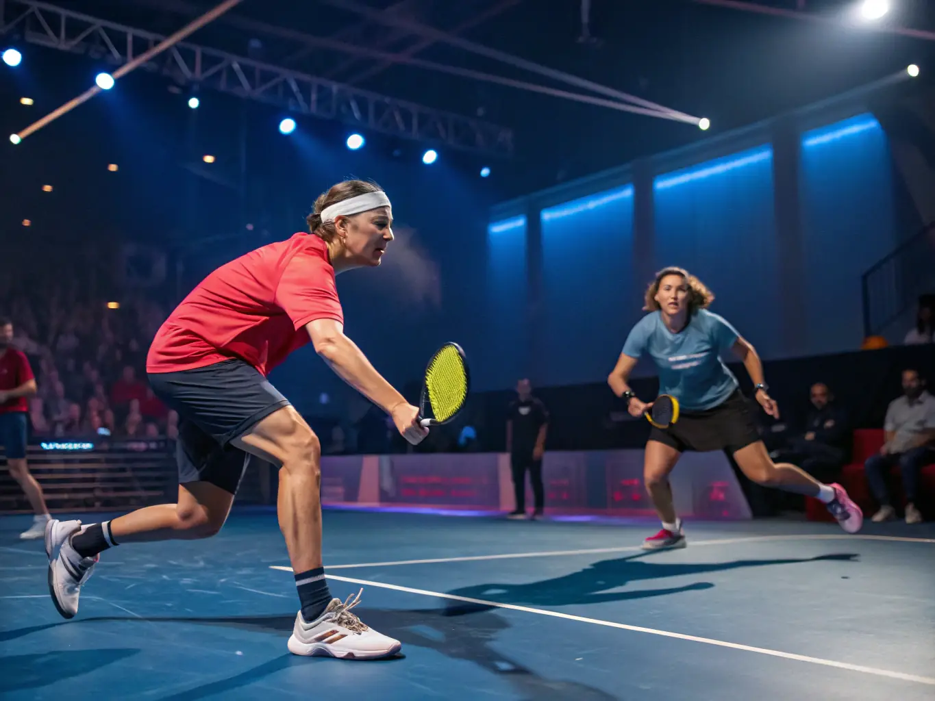 A vibrant image showcasing a single pickleball player in action on a court, with a bright blue sky and green surroundings, emphasizing the excitement of the game. The player is focused and determined, ready to make a winning shot.