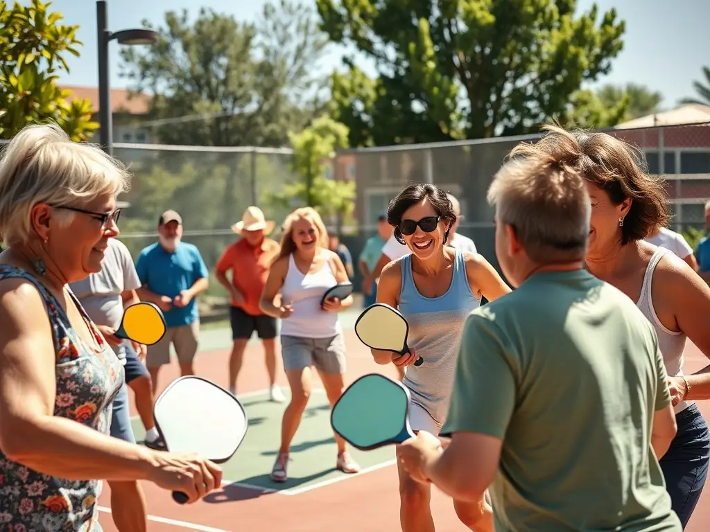 An engaging image of a team of two pickleball players celebrating a point on the court, with their paddles raised in victory, surrounded by a lively crowd. The players are smiling and high-fiving, showcasing the camaraderie of team play.